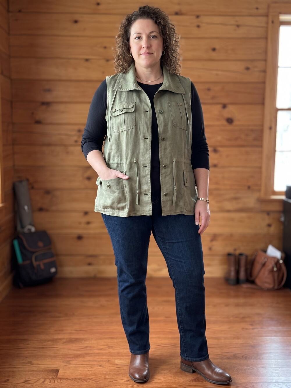 Lauren Ralph Lauren Olive Green 100% Linen Cargo Safari Utility Vest Womens XL